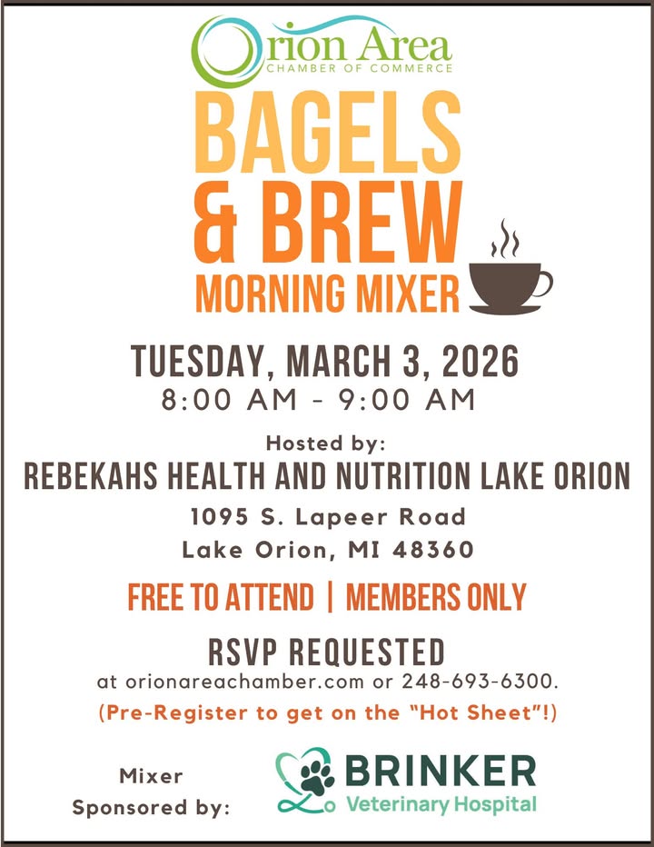 We are excited to sponsor the Orion Area Chamber of Commerce's next Bagels and Brew mixer!